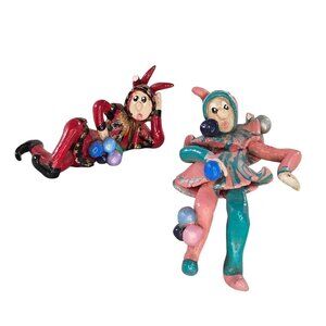 Vintage Handmade Harlequin Jester Figurine Set Signed FLAWS